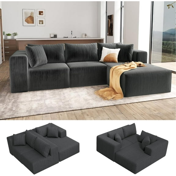 109" Modular Cloud Sectional Sofa, 7-in-1 Boneless Couch with Chaise, Zero Assembly Deep Seated Plush Corduroy Sofa for Living Room