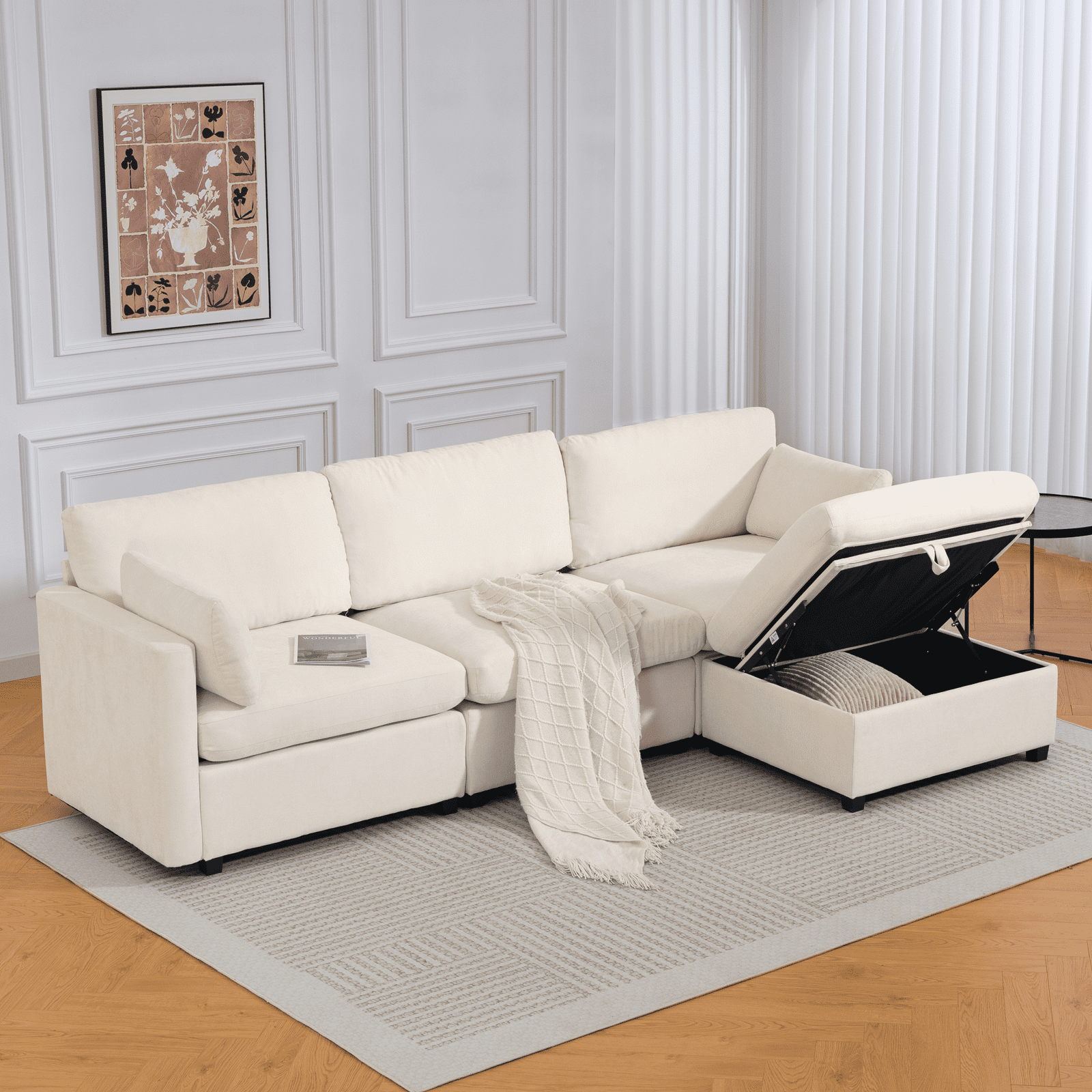 109" Modular Sectional Sofa Sleeper Bed with Storage Ottoman, Oversized Deep Seat Cloud Couch with Movable Ottomans, Convertible 4-Seat L-Shaped Sofa for Living Room or Apartment (Low Legs 1.97")