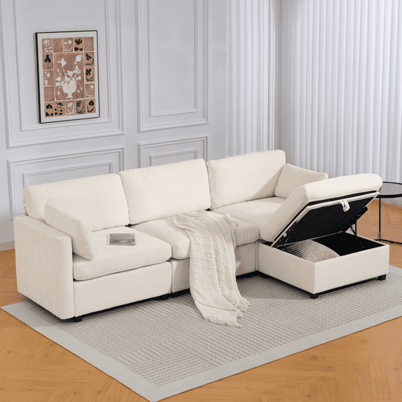 109" Modular Sectional Sofa Sleeper Bed with Storage Ottoman, Oversized Deep Seat Cloud Couch with Movable Ottomans, Convertible 4-Seat L-Shaped Sofa for Living Room or Apartment (Low Legs 1.97")