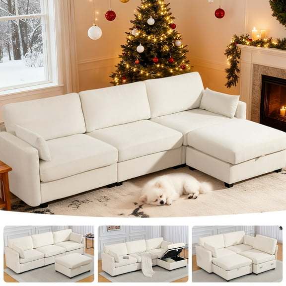 109'' Modular Sectional Sofa with Storage Ottoman, L Shaped Cloud Couch with Leg, Deep Seat Comfy Cloud Sofa, 4 Seat Convertible Sectional Couches for Living Room (Beige, Low Legs 1.97")