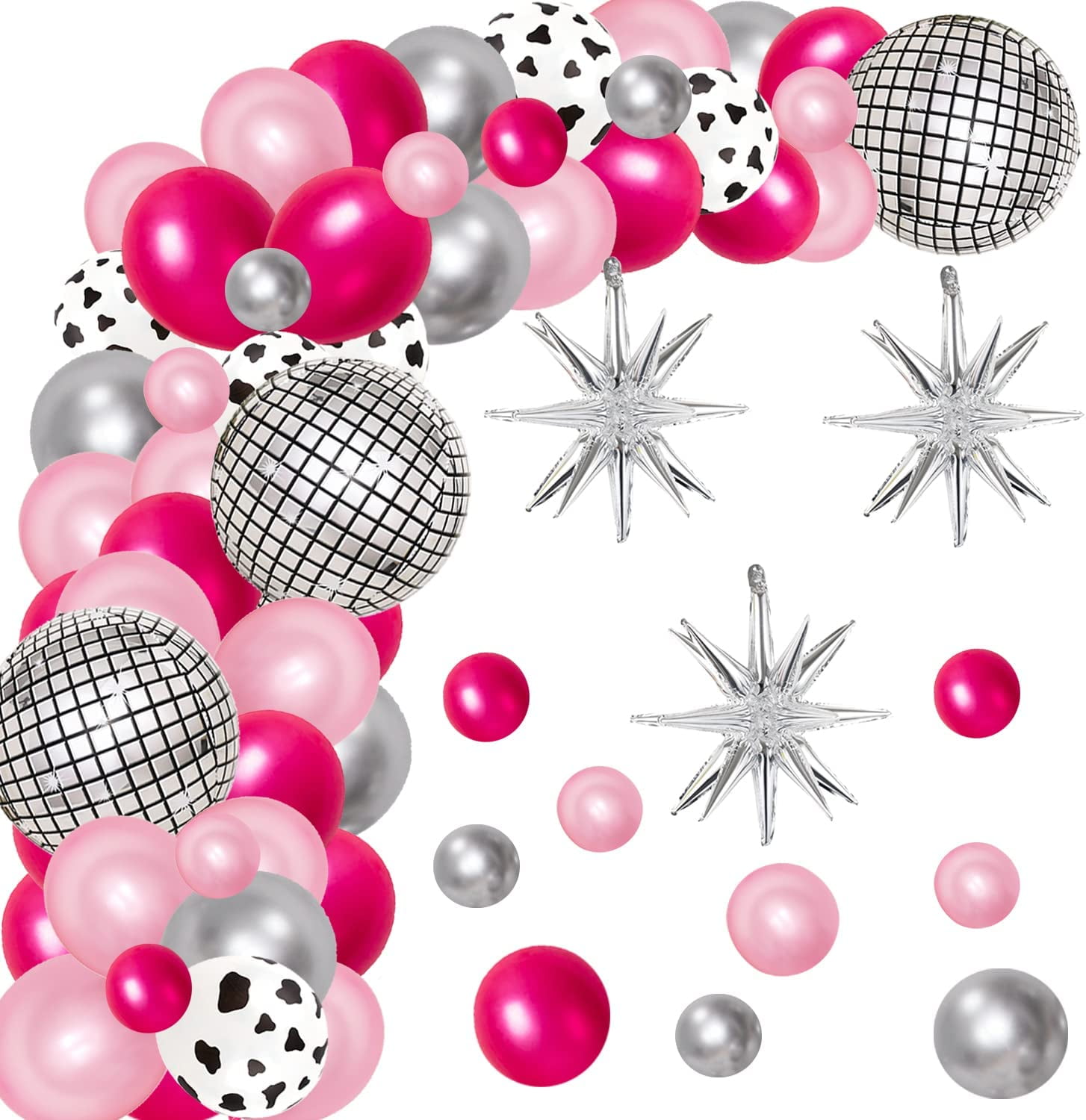 109 Pcs Western Disco Party Decorations for Women, Hot Pink Rose Red Silver Cowgirl Balloon Arch 4D Ball Fringe Curtains Theme Last Rodeo Bachelorette Supplies for Females Bachelorette 80s 90s Decor