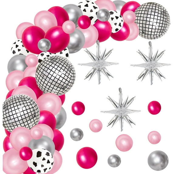 109 Pcs Western Disco Party Decorations for Women, Hot Pink Rose Red Silver Cowgirl Balloon Arch 4D Ball Fringe Curtains Theme Last Rodeo Bachelorette Supplies for Females Bachelorette 80s 90s Decor