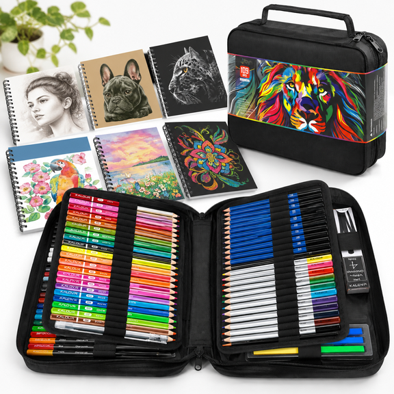 109-Piece Pro Art Drawing Set with Sketchbooks, Coloring Book, and Mixed Media Supplies