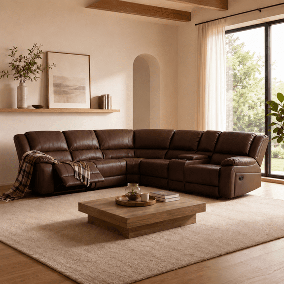 Ellesophas 109" Reclining Sectional Sofa with Storage Console, Cup Holders & Footrest, Manual Faux Leather Living Room Couch, Brown