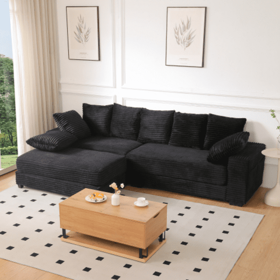 109" Thickened Corduroy Deep Seat Single Sofa Bed, Foldable Sofa Bed with Storage Ottoman, Comfy Fabric Sleeper Couch with Thick Cushions for Living Spaces, Black