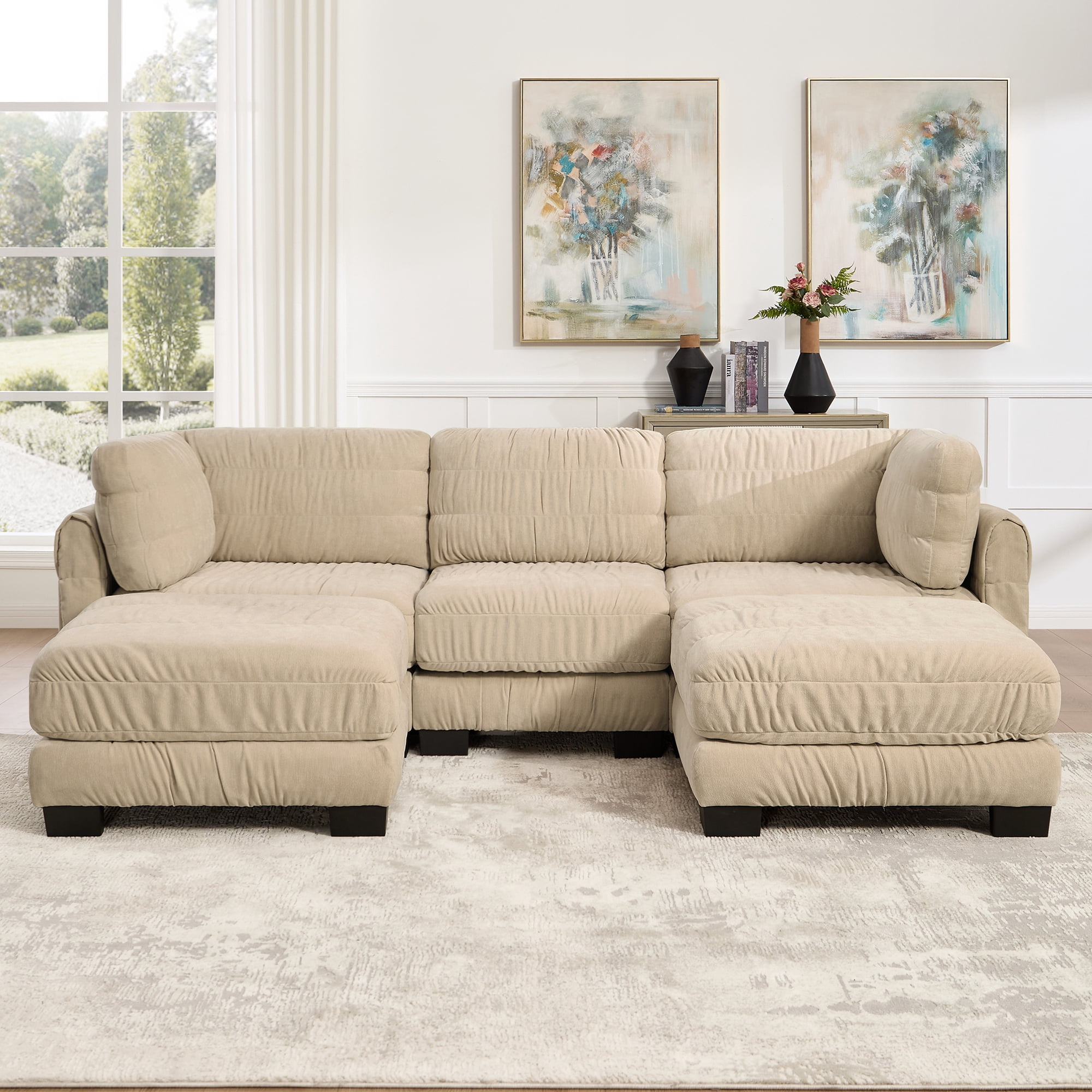 109" U Shape 3 Seat Chenille Modular Sectional Sofa with 2 Movable Ottomans and L Shape Back Cushions