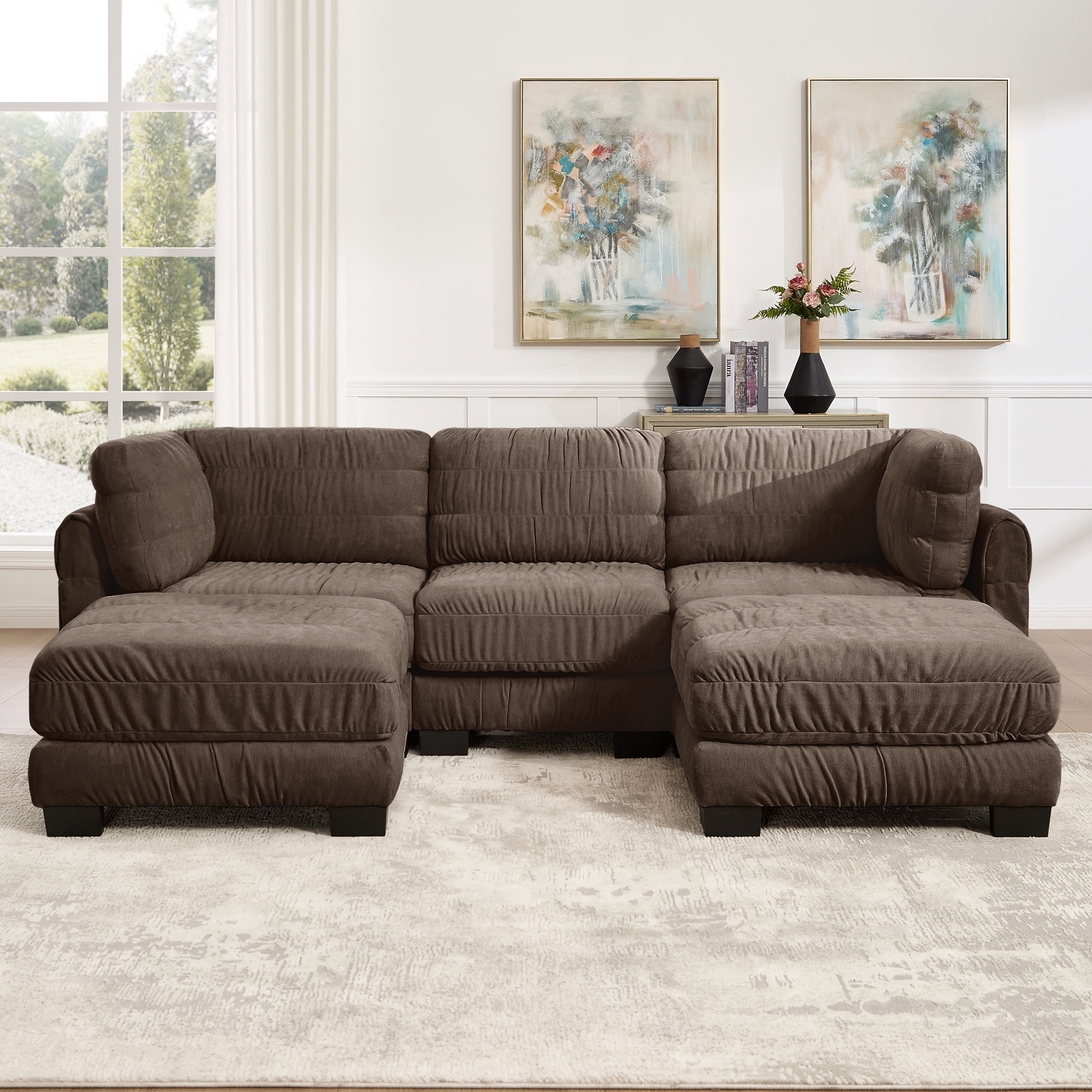 109" U Shape 3 Seat Chenille Modular Sectional Sofa with 2 Movable Ottomans and L Shape Back Cushions