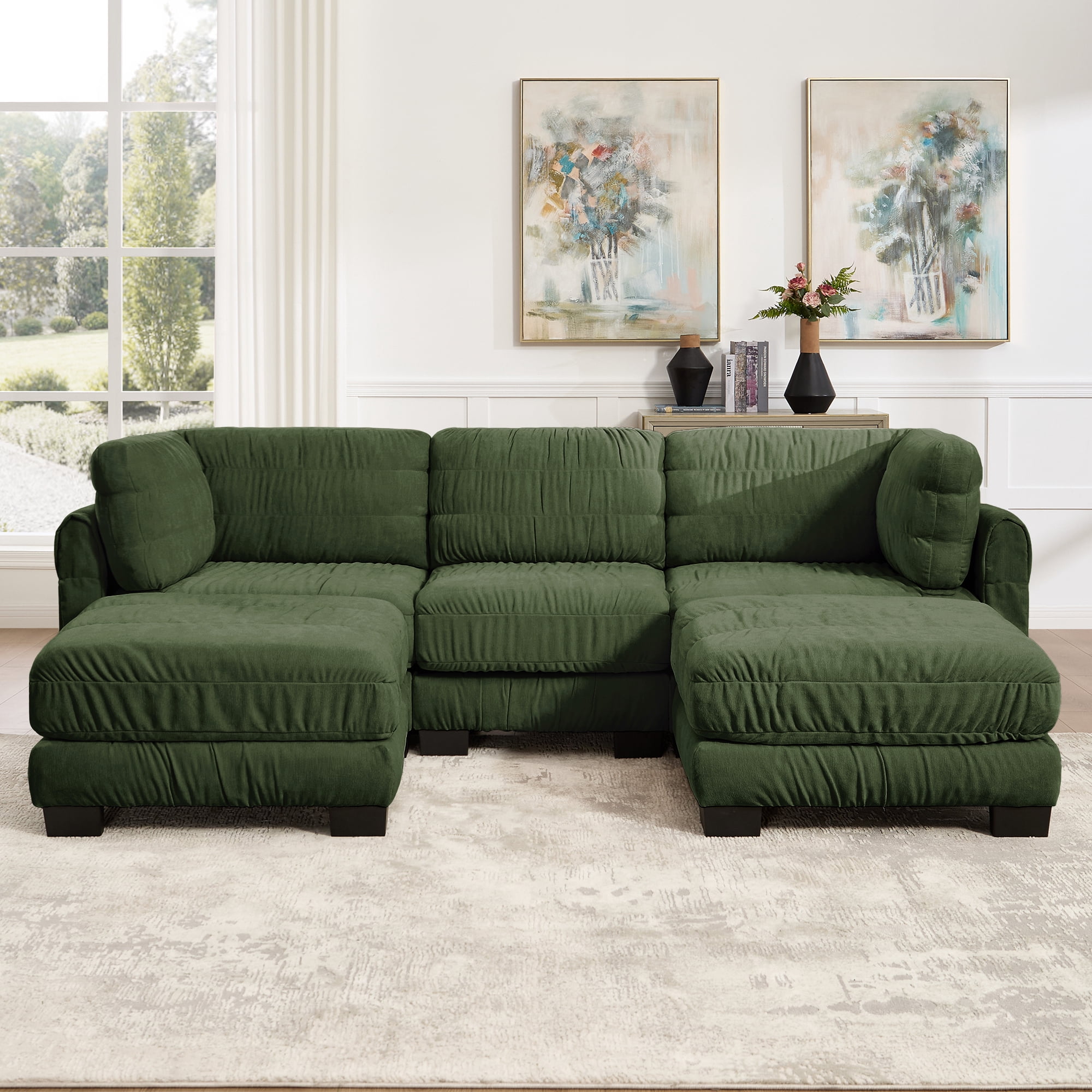 109" U Shape 3 Seat Chenille Modular Sectional Sofa with 2 Movable Ottomans and L Shape Back Cushions