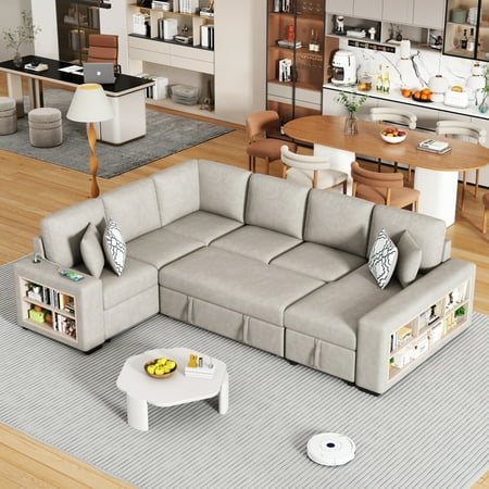109" U-shaped Sectional Sofa Pull-out Sofa Bed with Two USB Ports, a Storage Chaise Lounge and Four Back Pillows for Living Room