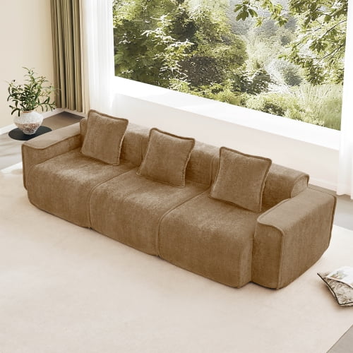 109" Velvet Fabric Cheap Couches For Living Room, Contemporary Sofa with French Piping, Modern Accent Couch with High-Resilience Foam for Living Room, Brown