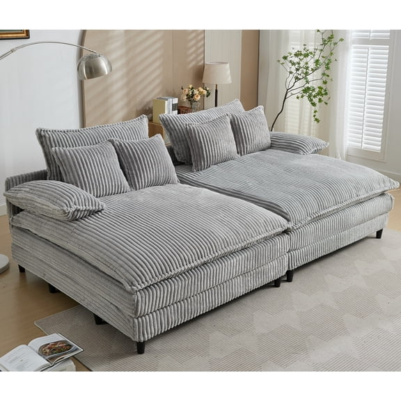 109" W Oversized Double Lounge Chaise, Fluffy Cushioned Sofa Bed, Deep Seat, Corduroy, 4 Pillows, Four Gears Can Be Adjusted, Leisure Sleeper Sofa Chair, 2 Ps (Grey)