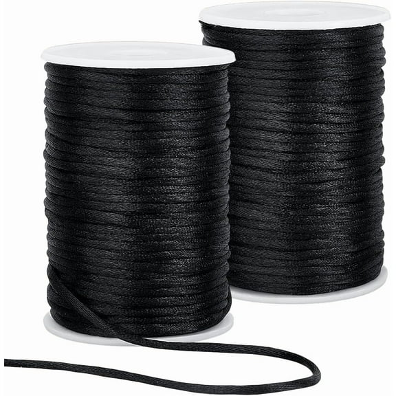 109 Yards 3mm Black Satin Cord Rattail Cord Necklace Cord Silk Rope Kumihimo Thread for Knotting Sewing Beading Projects Jewelry Making Macrame Crochet DIY Crafts 2 Rolls