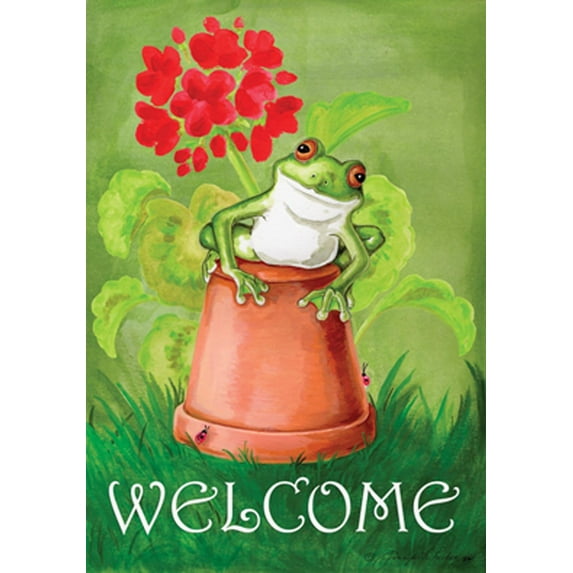 109122 Potted Frog Frog Flag 28x40 Inch Double Sided Frog Garden Flag for Outdoor House Flower Flag Yard Decoration