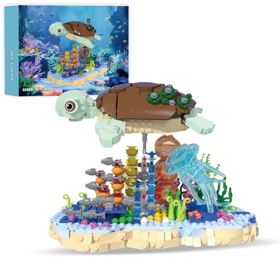 1091PCS Sea Turtle Building Block Set, Ocean Theme Building Blocks with Jellyfish Reef Scene, Creative Building Birthday Gifts for Teens & Adults, Home Desk Decor Collectible