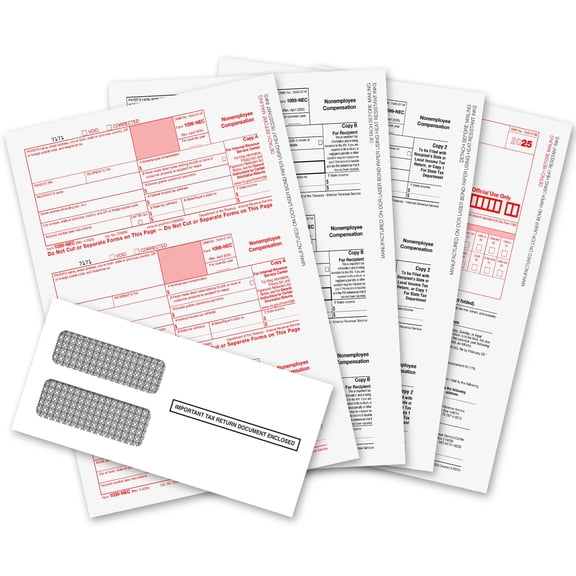 1096 NEC Forms 2025, 4 Part Tax Forms Kit with 25 Envelopes Self Seal 25 Vendor Kit