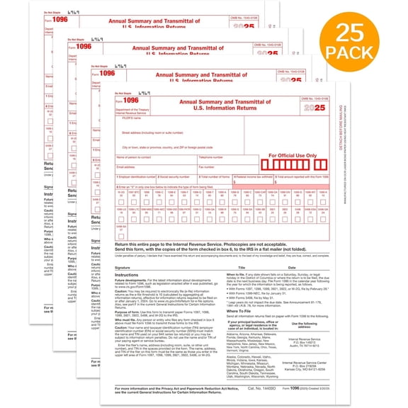1096 Transmittal 2025 Tax Forms, 25 Pack of 1096 Summary Laser Forms Designed for Quick Books and Accounting Software$$