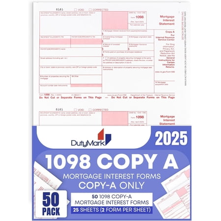 1098 Copy A Mortgage Interest Form 2025, Laser Federal Tax Form, 25 Sheets