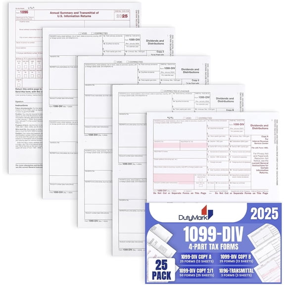 1099 DIV Tax Forms 4 Part 2025 - Kit for 25 Vendors 4-Part, Complete Laser DIV Dividends and Distribution Forms Value Pack, Compatible with QB and Accounting Software