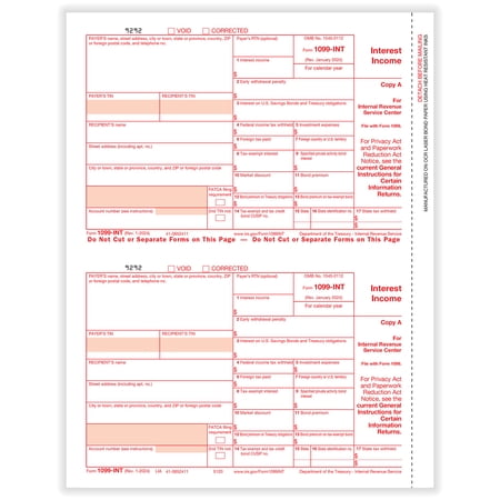 1099-INT, 2-Up, Federal Copy A, IRS Approved Tax Forms, 100/Pk