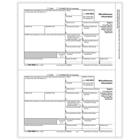 2-Up 1099-MISC Copy 2 for Payer/State or Copy 1, IRS Filing Tax Forms, 1099 Tax Forms for Filing, End of Year Tax Forms, 100/Pk