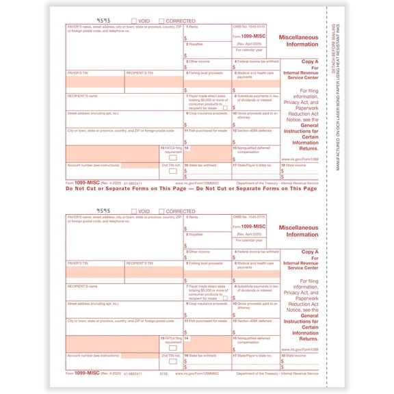 1099-MISC, 2-Up, Federal Copy A, IRS Approved Tax Forms, 100/Pk