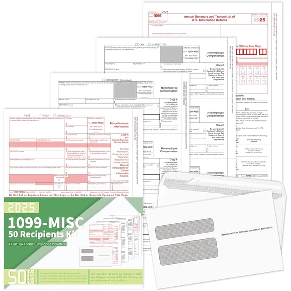1099 MISC Forms 2025,1099 MISC Forms 2025 with Envelopes,Vendor Kit of 50 Laser Forms,1099 MISC Tax Forms,4 Part Tax Forms Kit,50 Self Seal Envelopes with 3 1096 Included