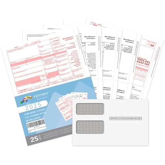 1099 MISC Forms 2025, 4 Part Tax Forms Kit, 25 Vendor Kit of Laser Forms Designed for QuickBooks and Accounting Software, 25 Self Seal Envelopes Included$$Office