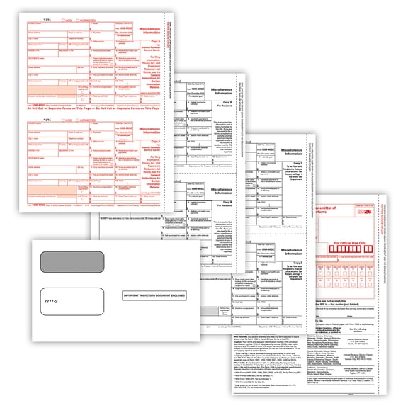 1099-MISC Tax Forms 3-Part Set 2-Up Copy A, B, 2/1, Self-Seal Envelopes, 50/Pk