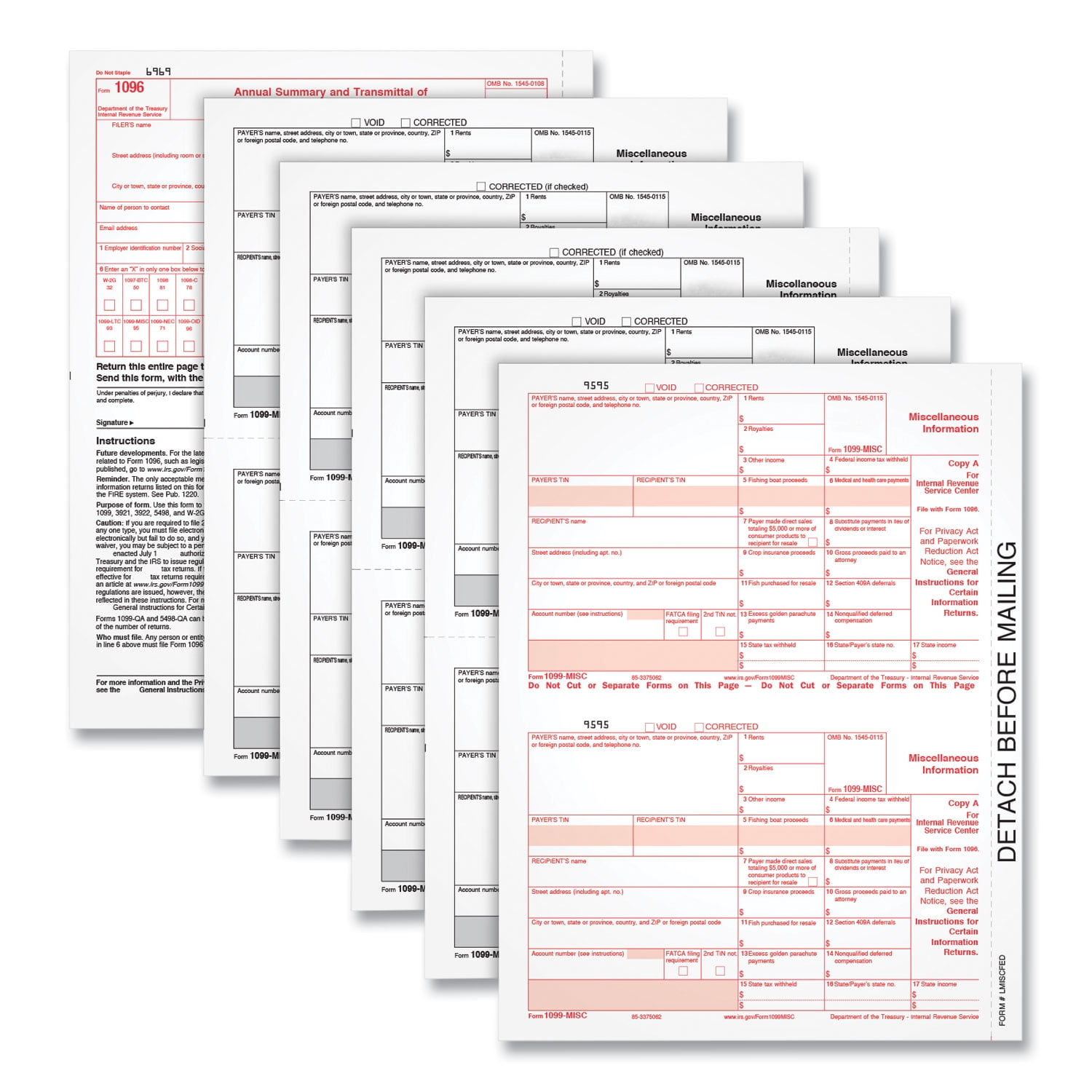1099-MISC Five-Part Laser Forms and Envelopes, Fiscal Year: 2023, 5-Part Carbonless, 8 x 5, 2 Forms/Sheet, 10 Forms Total