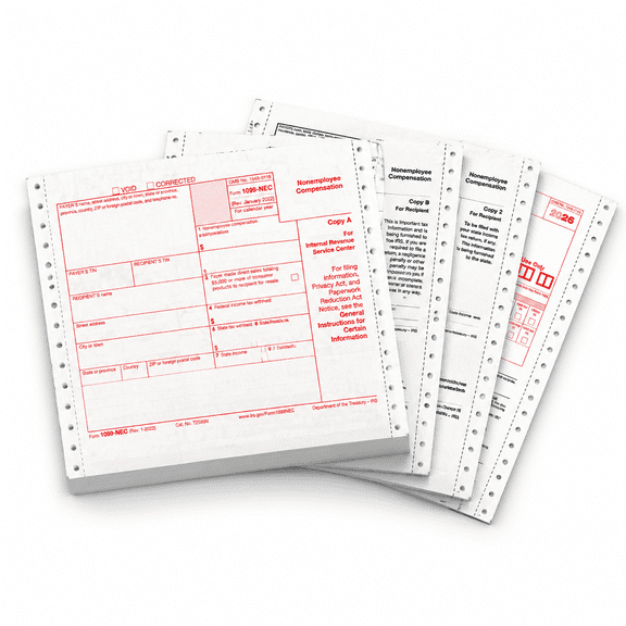 1099 NEC 2026 Tax Forms Kit, 25 Pack 4-Part Dot Matrix Carbonless Paper