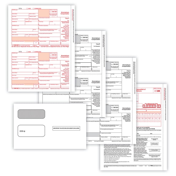 1099-NEC 4-Part Set, 2-Up Tax Forms Copy A, B, 2/1, 2/1 with Self_Seal Envelopes (25 Employees)