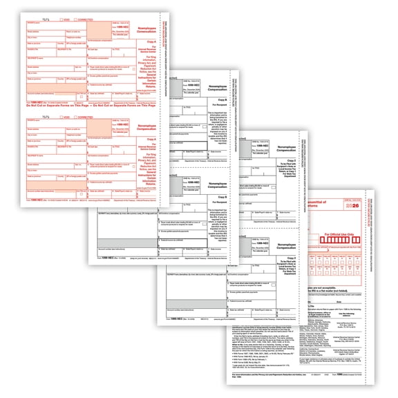 1099-NEC 4-Part Set Tax Forms 2-Up Copy A, B, 2/1, 2/1, (50 Employees )