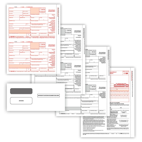 1099-NEC 4-Part Set Tax Forms 2-Up, Copy A, B, 2/1, 2/1 and Self-Seal Envelopes, (50 Employees)