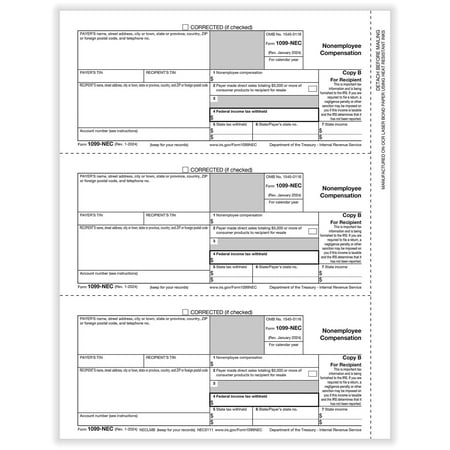 2025 Laser 1099 NEC Recipient, 3-Up Copy B, IRS Approved Filing Tax Forms, 1099 Tax Forms for Filing, End of Year 1099 NEC Forms, 150/Pk