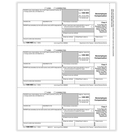 1099-NEC, Employee Copy C, 3-Up, IRS Approved Tax Forms, 150/Pk