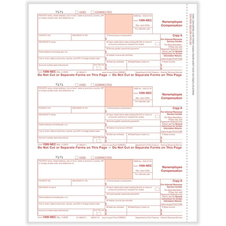 1099-NEC, Federal Copy A, 3-Up, IRS Approved Tax Forms, 150/Pk