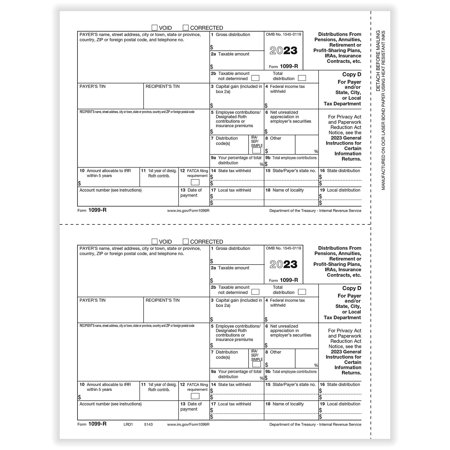 1099-R, 2-Up, Payer Copy D and/or State, City or Local, IRS Approved, 100/Pk