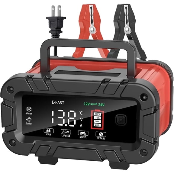 Portable 10A 12V/24V E-Fast Car Battery Charger for Automotive w/Temp Compensation