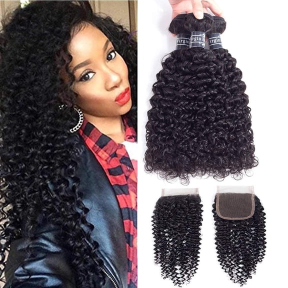 10A Brazilian Kinky Curly Virgin Hair 3 Bundles with Free Part Closure 100% Unprocessed Brazilian Curly Human Hair Natural Black Color(12 14 16+12inch)
