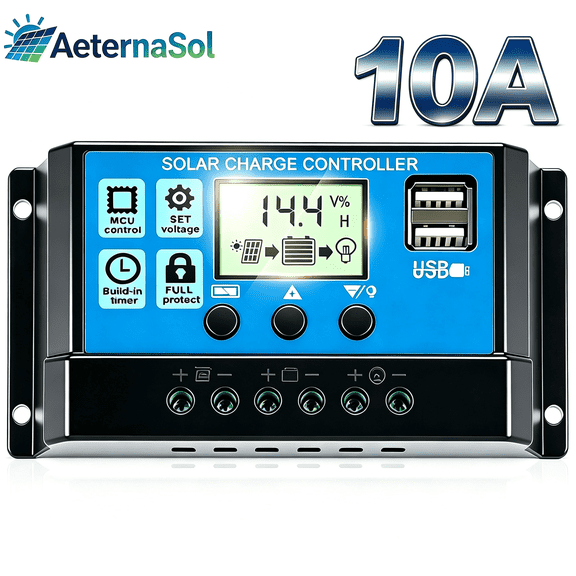 AeternaSol 10A Solar Charge Controller,12V/24V Pwm, Lcd Display, Dual Usb, Multiple Load Control Modes for Outdoor Battery System