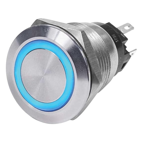 10A Push Button Switch - Blue LED Ring - 12V DC - Marine Grade Stainless Steel - IP67 Waterproof - Off-On SPST - Universal Fit