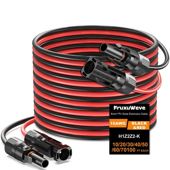 10AWG Solar Extension Cable 20FT – Red Black Solar Wire with Solar Connectors, Tinned Copper Solar Extension Cable, Outdoor Panel Cable for RV, Inverter, Battery