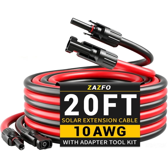 10AWG Solar Extension Cable Kit, 20FT Red + 20FT Black Wire with Male and Female Connectors