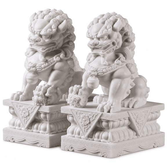10CM Foo Dogs Statues Pair Marble Feng Shui Guardian Lion Home Outdoor Decor