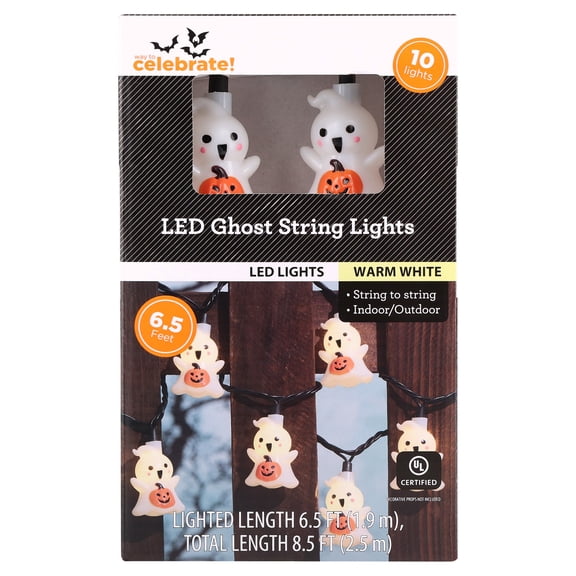 Indoor/Outdoor 10-Count LED Ghost with Pumpkin String Lights, Warm White, 6.5', Halloween by Way To Celebrate