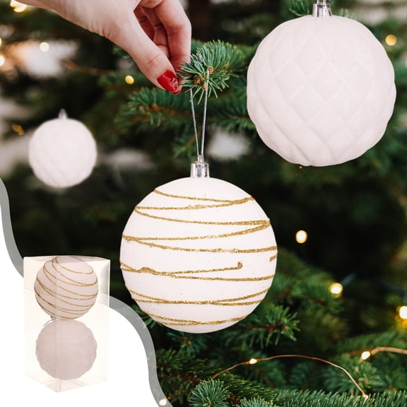 10Cm Christmas Flocking Balls Set of 2 | Red Brown White Suede Ornaments | Tree Hanging Decorations with Gift Box