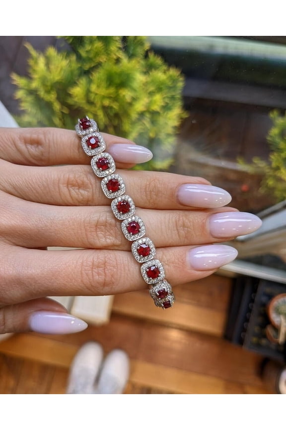 10Ct Round Cut Simulated Red Ruby Women's Tennis Bracelet 14K White Gold Plated 7"In