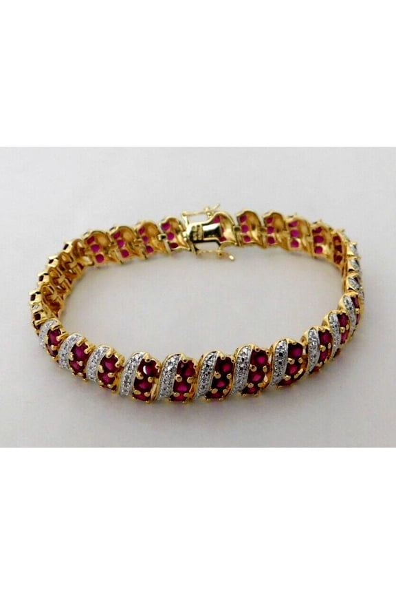 10Ct Round Cut Simulated Red Ruby Women's Weddings Gift Tennis Bracelet 14K Yellow Gold Plated 7"inch