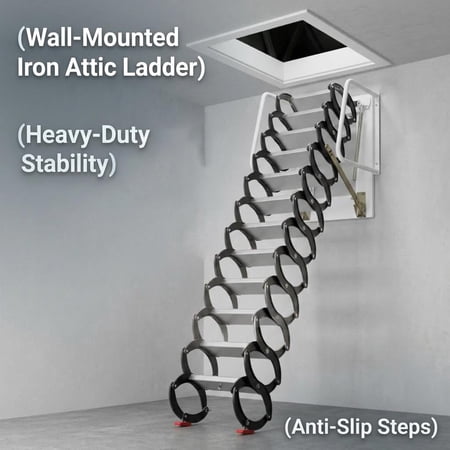 10FT 12-Step Iron Attic Ladder, Pull Down Wall-Mounted Foldable, 1102 LBS Capacity, Black & White Treads with Non-Slip Grip
