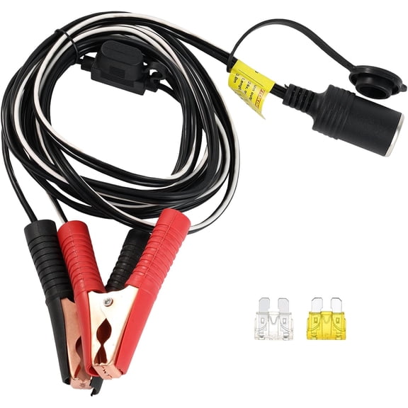 10FT 14AWG 20A 12V 24V Female Auto Cigarette Lighter Socket to Battery Adapter Alligator Crocodile Clamp Clip-on Power Connector Car Battery Extension Charging Cable with 20A Fuse